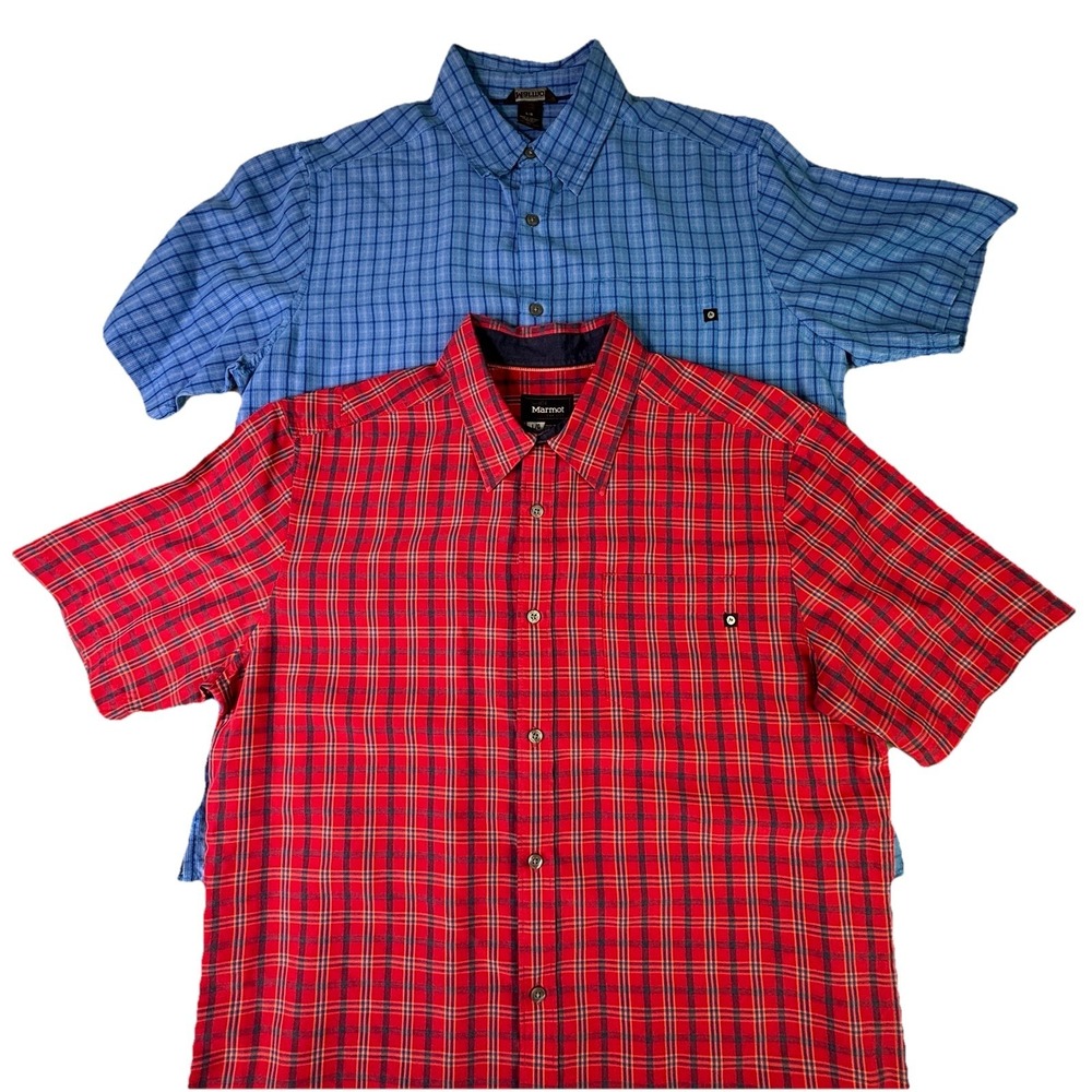 Lot‎ 2 Marmot Plaid Button Up Shirt Men's Large Red Hiking Outdoor Short Sleeve